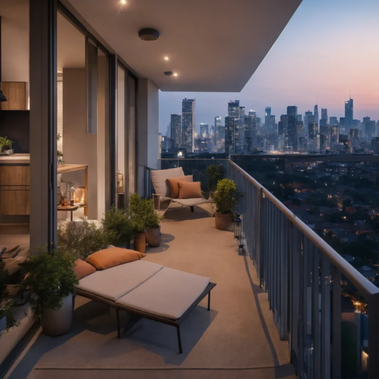 A photo of a modern apartment with a balcony. The (7)